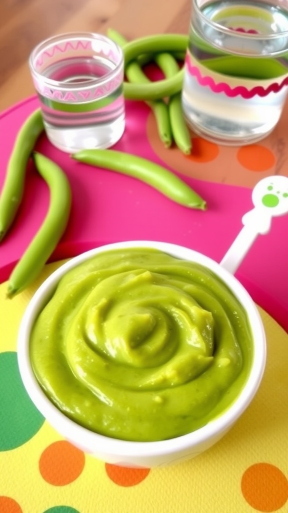 A bowl of smooth green bean puree for babies with a spoon beside it, set on a colorful feeding mat.